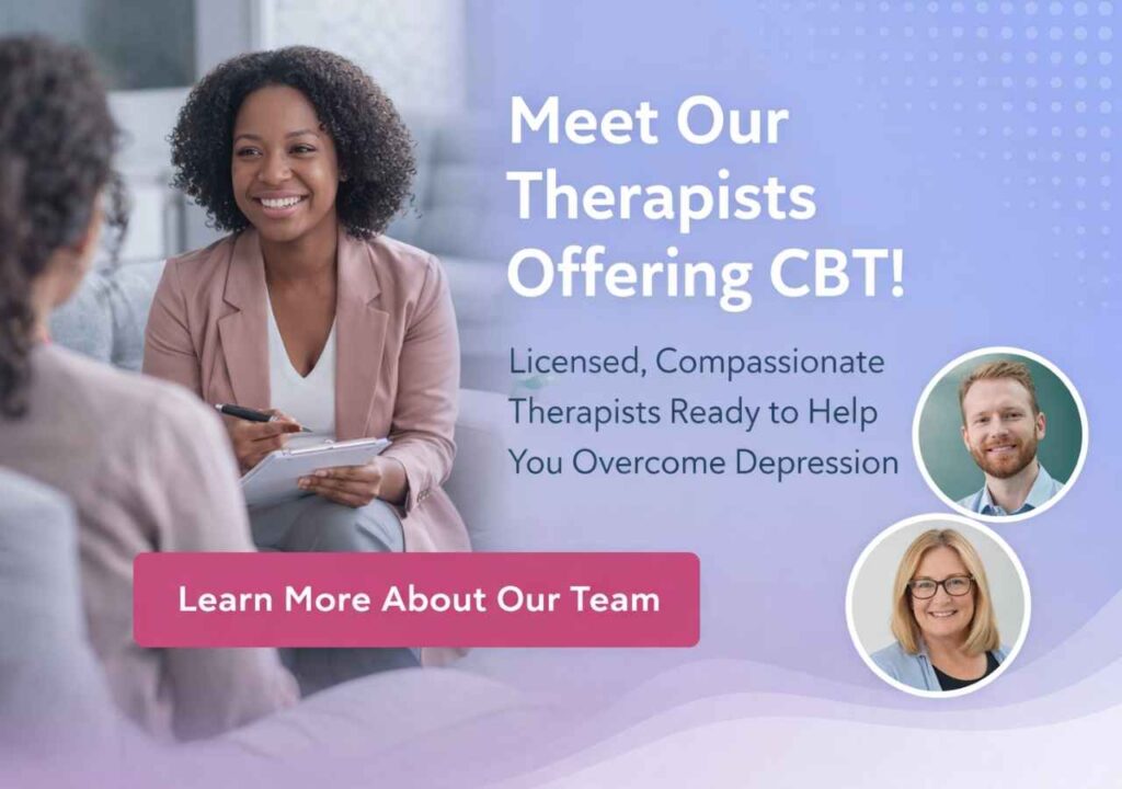 Promotional banner showing a smiling therapist taking notes during a session with text inviting users to meet licensed CBT therapists and learn more about the team.