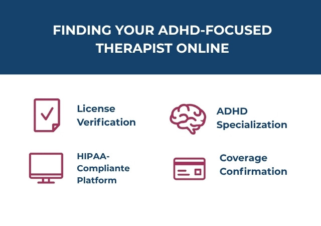Online Therapy for ADHD checklist showing how to find an ADHD-focused therapist online—specialization, license verification, HIPAA-compliant platform, and insurance coverage.