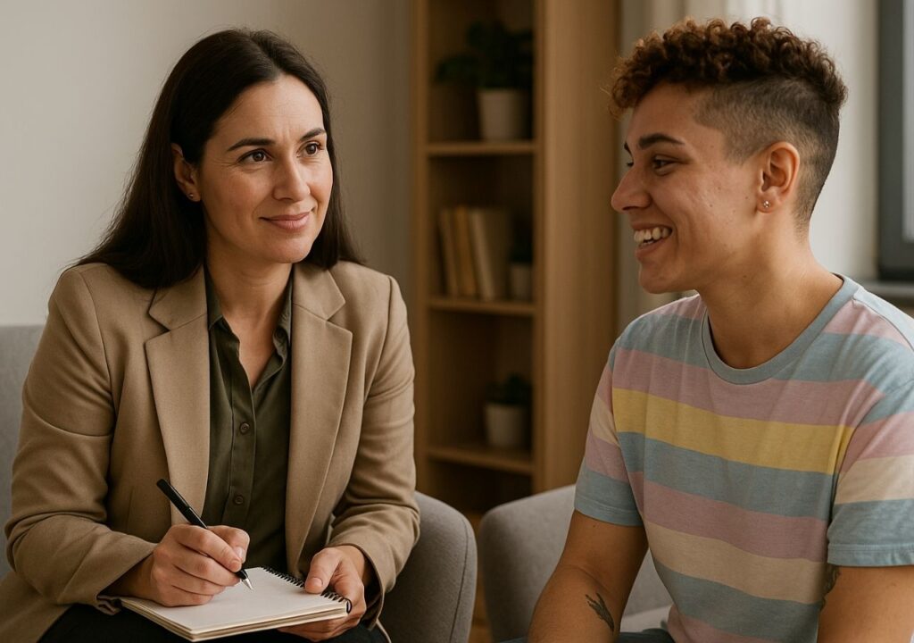LGBTQ+ affirming therapy session showing a therapist and a non-binary client in a bright, inclusive office with natural light, symbolizing empathy, respect, and identity-affirming mental health support.