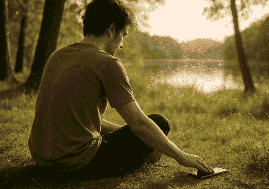 A young man sitting in a bright, peaceful outdoor setting placing her phone on the grass, symbolizing going offline for mental health and taking a restorative break from technology.