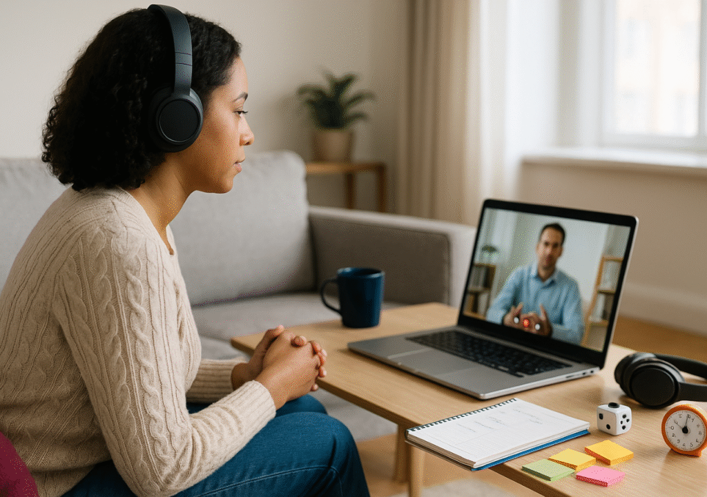 Online Therapy for ADHD at home—client in headphones on a video call with a therapist, laptop on coffee table with planner, timer, sticky notes, and fidget tools.