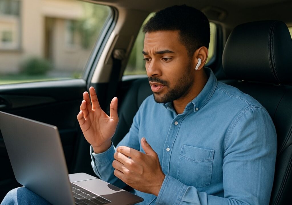 Man attending an online therapy session from his car using a laptop and wireless earbuds.
