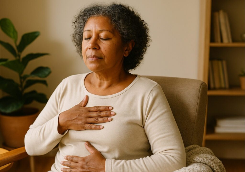 Older adult practicing mindfulness for seniors: seated breathing with one hand on chest and one on abdomen in a sunlit living room.