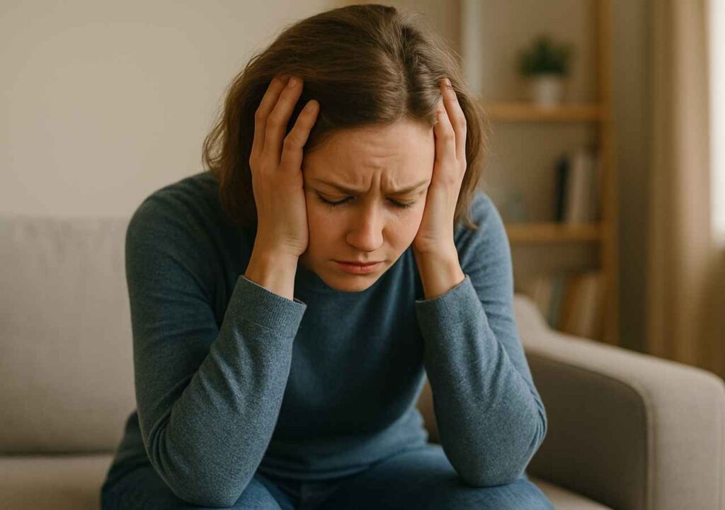 Person sitting alone looking overwhelmed showing behavioral symptoms of chronic stress affecting mental health