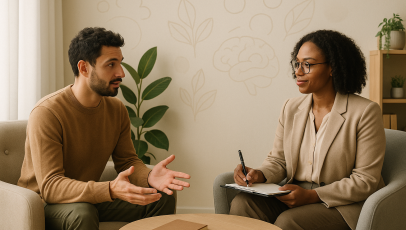 ACT for anxiety therapy session in a calm, modern office with therapist and client.