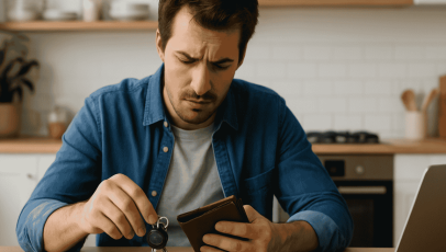 adult ADHD signs: focused yet frustrated adult at a home office, surrounded by scattered essentials