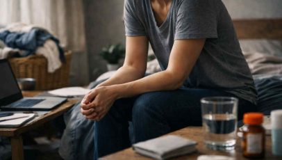 Woman sitting on edge of bed in cluttered room with laptop, papers, and medication, illustrating self-neglect causes and emotional depletion