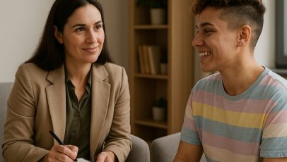 LGBTQ+ affirming therapy session showing a therapist and a non-binary client in a bright, inclusive office with natural light, symbolizing empathy, respect, and identity-affirming mental health support.