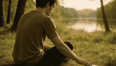 A young man sitting in a bright, peaceful outdoor setting placing her phone on the grass, symbolizing going offline for mental health and taking a restorative break from technology.