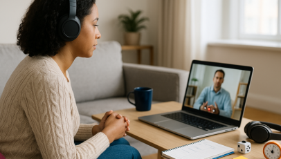 Online Therapy for ADHD at home—client in headphones on a video call with a therapist, laptop on coffee table with planner, timer, sticky notes, and fidget tools.