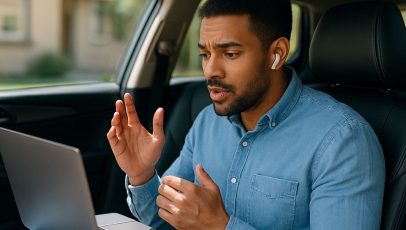 Man attending an online therapy session from his car using a laptop and wireless earbuds.