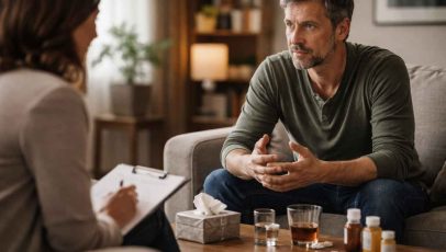 Man sitting on a couch looking concerned with alcohol and pills on a table, representing the need for therapy for addiction despite appearing functional