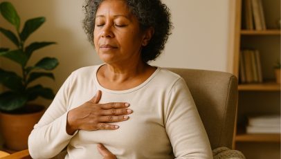 Older adult practicing mindfulness for seniors: seated breathing with one hand on chest and one on abdomen in a sunlit living room.