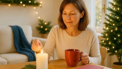Person lighting a candle in a softly decorated holiday living room, symbolizing creating new holiday traditions after loss or major life transitions.