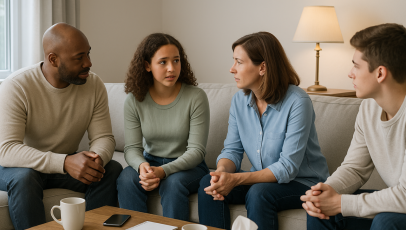 Family in a calm living room having an open, judgment-free conversation—modeling safe spaces at home for honest talks about stress and emotions.