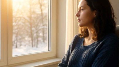 A woman sits quietly by a bright window in winter sunlight, wearing a navy sweater, symbolizing calm and recovery through therapy for Seasonal Affective Disorder. Caption: Morning light and structured therapy routines help ease the symptoms of Seasonal Affective Disorder naturally.