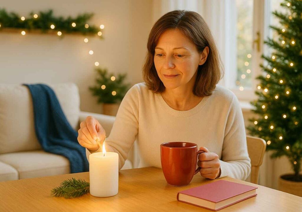 Person lighting a candle in a softly decorated holiday living room, symbolizing creating new holiday traditions after loss or major life transitions.