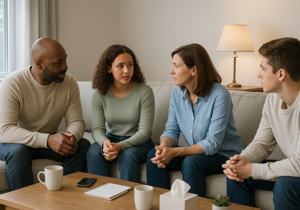 Family in a calm living room having an open, judgment-free conversation—modeling safe spaces at home for honest talks about stress and emotions.