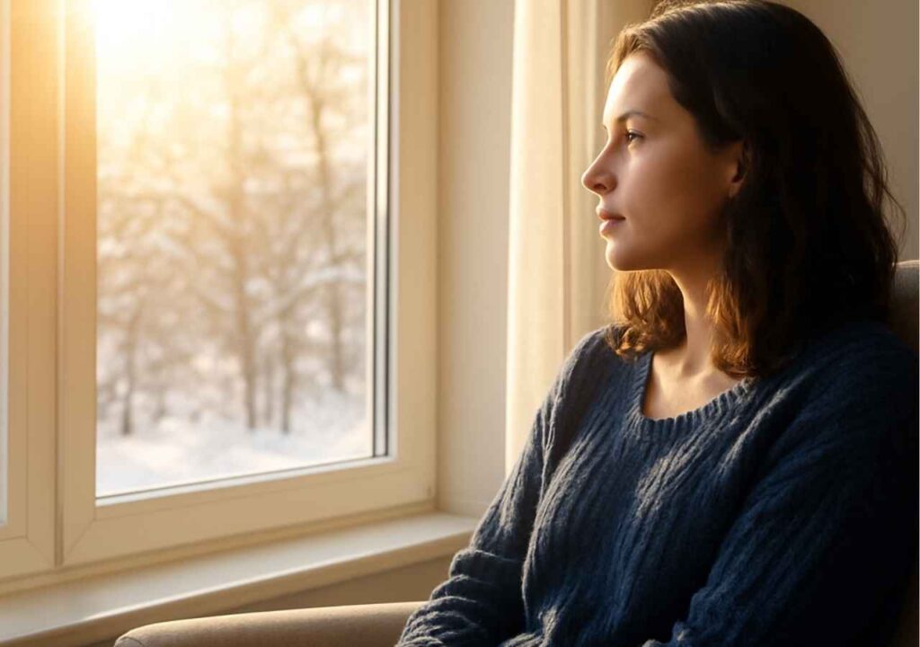 A woman sits quietly by a bright window in winter sunlight, wearing a navy sweater, symbolizing calm and recovery through therapy for Seasonal Affective Disorder. Caption: Morning light and structured therapy routines help ease the symptoms of Seasonal Affective Disorder naturally.